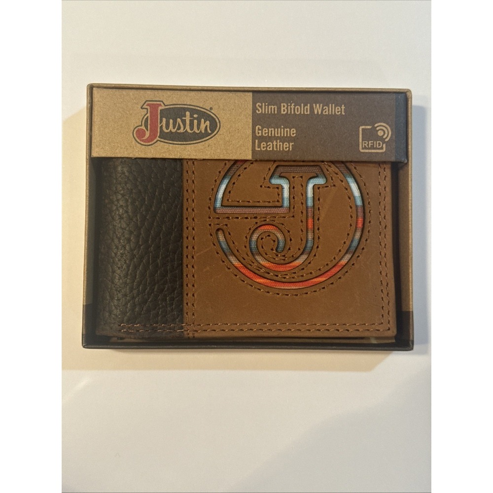 Justin Men's Slim Bifold Wallet Laser Cut J W/Serape Inlay RFID PROTECTED NIB